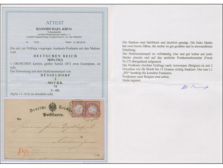 “DÜSSELDORF 3.NOVBR.73” (Spalink 11-1N2) zweimal klar auf zwei Einzelmarken großer Schild 1 Gr. karmin als tarifgerechte Mehr