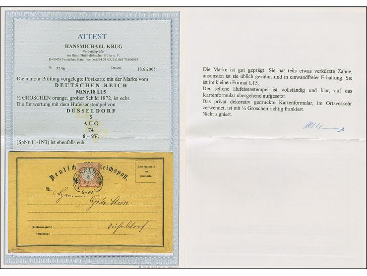 “DÜSSELDORF 5.AUG.74” (Spalink 11-1N3) klar auf großer Schild ½ Gr. orange im kleinen Format L15 auf privat gedruckter Postka