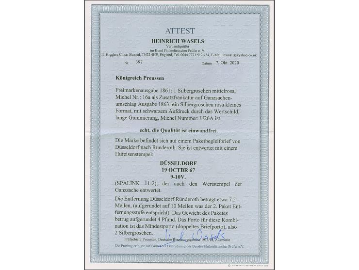 “DÜSSELDORF 19.OCTBR.67” (Spalink 11-2) mehrfach klar auf Preußen Ganzsachen-Umschlag 1 Sgr. mit wertstufengleicher Zufrankat