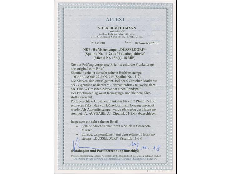 “DÜSSELDORF 22.JAN.71” (Spalink 11-2) mehrfach klar auf zwei Einzelmarken und angetrenntem Paar ¼ Gr. karminrot sowie Einzelm