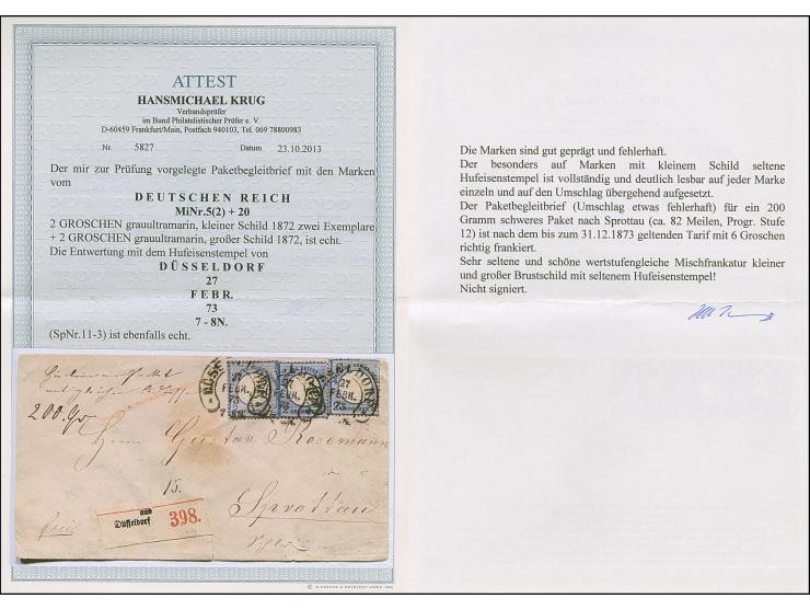 “DÜSSELDORF** 27.FEBR.73” (Spalink 11-3), mehrfach klar auf kleiner Schild 2 Gr. gruultramarin und zwei Einzelwerten großer S