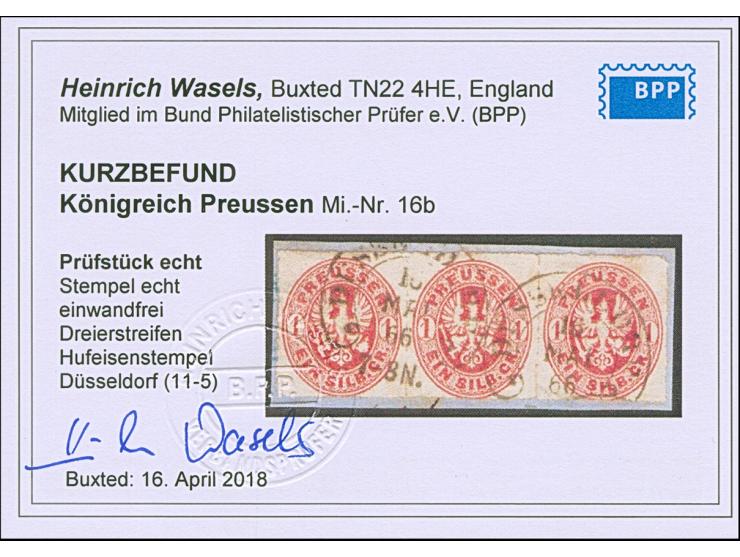 “DÜSSELDORF 16.MAI.66” (Spalink 11-5) zweimal klar auf waagerechtem Dreierstreifen Preußen 1 Sgr. lilarot auf Briefstück in e