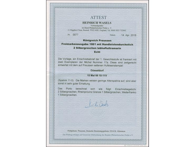 “DÜSSELDORF 15.MAI.66” (Spalink 11-5) klar auf waagerechtem Paar Preußen Wappen 2 Sgr. ultramarinblau als tarifgerechte Mehrf