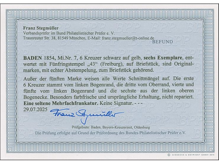 6 Kr. auf gelb, 6 Einzelwerte, angeschnitten bis breitrandig, teils mit schmalem Bogenrand, mit Nr. "43" FREIBURG auf Briefst