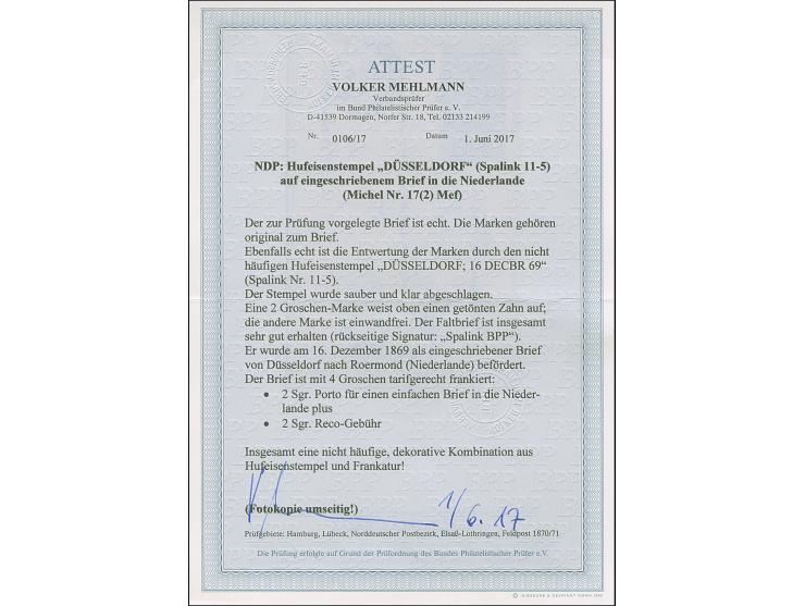 “DÜSSELDORF 16.DECBR.69” (Spalink 11-5) klar auf waagerechtem Paar Norddeutscher Postbezirk 2 Gr. gezähnt als tarifgerechte M