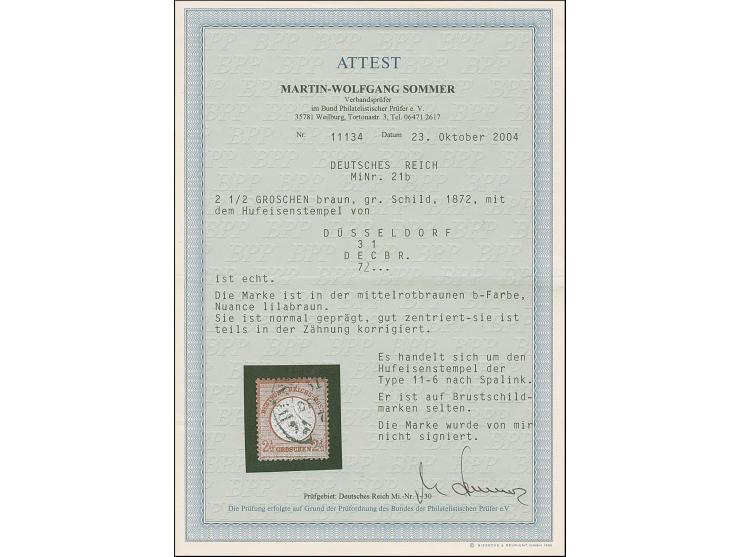 “DÜSSELDORF 31.DECBR.7(2)” (Spalink 11-6) auf loser Marke großer Schild 2½ Gr. mittelrotbraun. Die farbfrische Marke ist deut