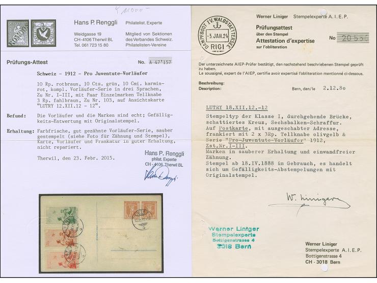 1912, Pro Juventute, alle 3 Werte mit sauberem Stempel "LUTRY 12.XII.12" auf Briefstück (Ansichtskarte mit entfernter Adresse