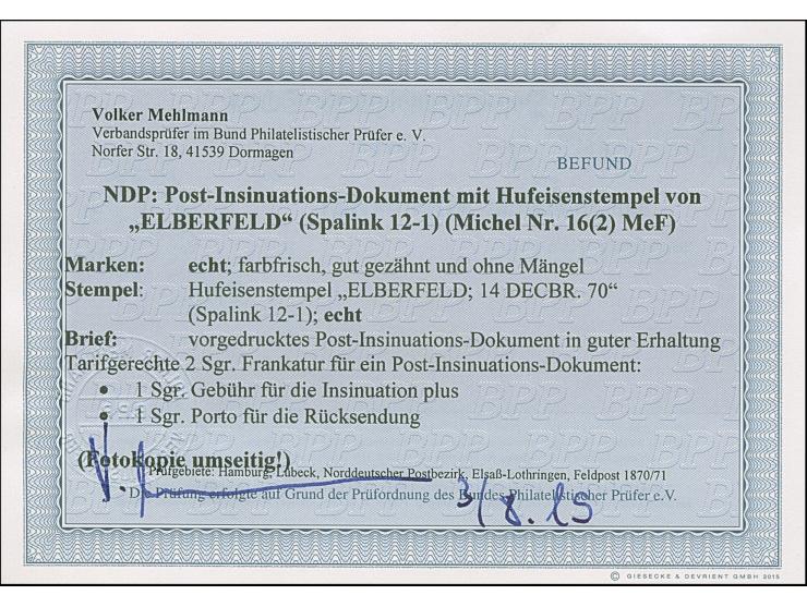 “ELBERFELD 14.DECEBR.70” (Spalink 12-1) mehrfach klar auf waagerechtem Paar Norddeutscher Postbezirk 1 Gr. gezähnt als tarifg
