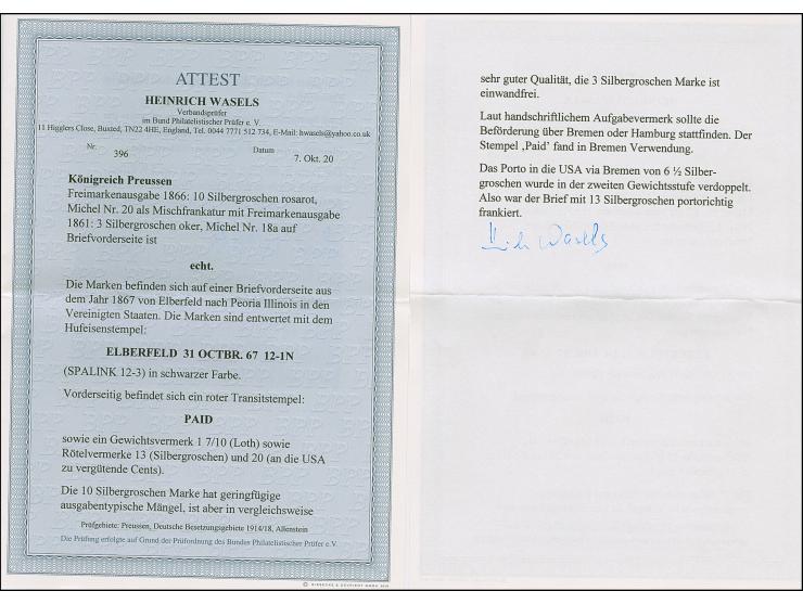 “ELBERFELD 31.OCTBR.67” (Spalink 12-3) zweimal recht klar auf Preußen Innendienst-Marke 10 Sgr. und Freimarke Wappen 3 Sgr. o