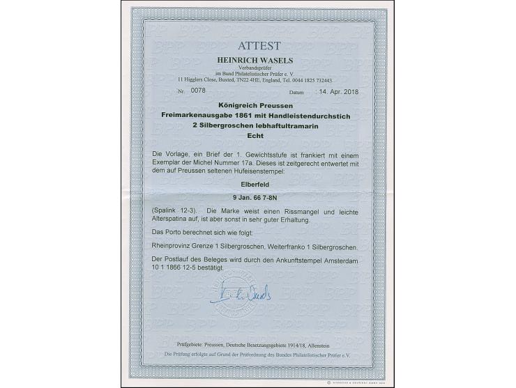 “ELBERFELD 9.JAN.66” (Spalink 12-3) sehr klar auf Preußen Wappen 2 Sgr. ultramarinblau als tarifgerechte Einzelfrankatur auf 