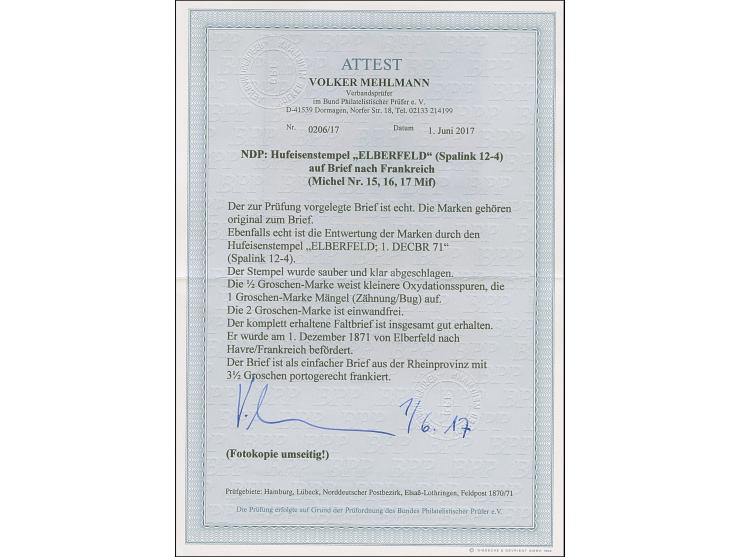 “ELBERFELD 1.DECBR.71” (Spalink 12-4) mehrfach klar auf Norddeutscher Postbezirk ½ Gr., 1 Gr. und 2 Gr. gezähnt als tarifgere