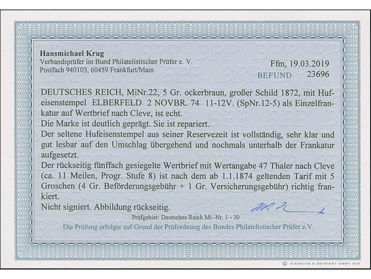 “ELBERFELD 2.NOVBR.74” (Spalink 12-5) klar auf großer Schild 5 Gr. ockerbraun als tarifgerechte Einzelfrankatur auf Wertbrief
