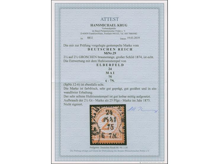 “ELBERFELD 24.MAI.75” (Spalink 12-6) klar auf loser 2½ auf 2½ Gr. braunorange. Die farbfrische Marke ist sehr gut geprägt, gu