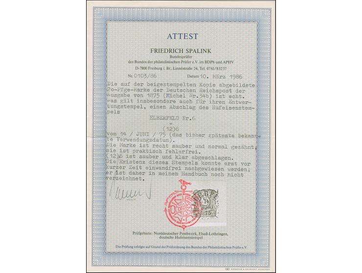 “ELBERFELD 14.JUIN.75” (Spalink 12-6) klar auf loser Marke 20 Pfge. dunkelultramarin. Die farbfrische Marke hat verkürzte Zäh