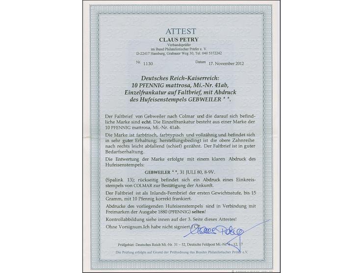 “GEBWEILER 31.JULI.80” (Spalink 13) sehr klar auf Ausgabe 1880 10 Pfg. mattrosa auf komplettem Faltbrief nach Colmar mit Anku