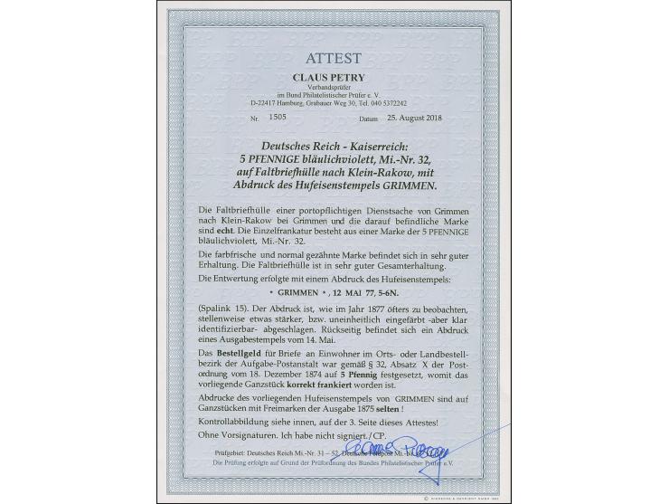 “GRIMMEN 12.MAI.77” (Spalink 15) sehr klar auf 5 Pfge bräulichviolett auf Faltbriefhülle “Portopflichtige Dienstsache” nach K