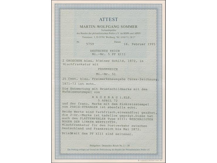 “HAGENAU I. ELSASS 5.APRIL.72” (Spalink 16) sehr klar auf kleiner Schild 2 Gr. grauultramarin mit Plattenfehler “beschädigter