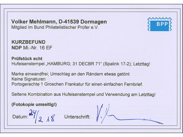 HAMBURG I.A. 31.DECBR.71" (Spalink 17-2) klar auf Norddeutscher Postbezirk 1 Gr. gezähnt auf Briefkuvert nach Hagenow. Der Um