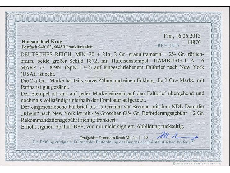 HAMBURG I.A. 6.MÄRZ.73" (Spalink 17-2) klar auf großer Schild 2 Gr. grauultramarin und 2½ Gr. rötlichbraun als tarifgerechte 