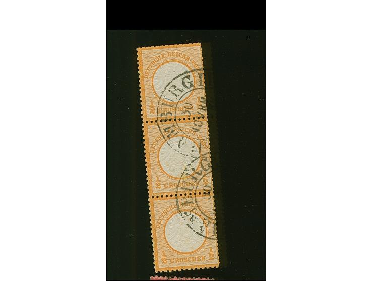 “HAMBURG I.A. 30.NOVBR.(74)” (Spalink 17-2M) zweimal recht klar auf senkrechtem Dreierstreifen großer Schild ½ Gr. orange. Di