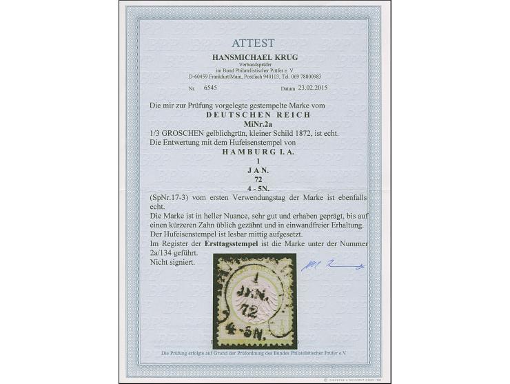 “HAMBURG I.A. 1.JAN.72” (Spalink 17-3) recht klar auf loser Marke ⅓ Gr. gelblichgrün. Die farbfrische Marke ist sehr gut und 