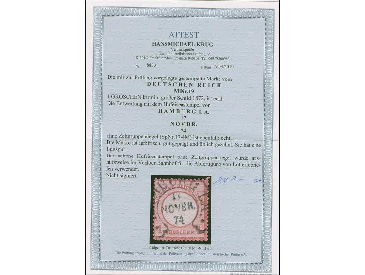 “HAMBURG I.A. 17.NOVBR.74” (Spalink 17-4M) ohne Zeitgruppenriegel sehr klar auf loser Marke großer Schild 1 Gr. karmin. Die f