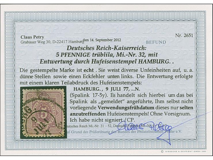 “HAMBURG. 9.JUL.77” (Spalink 17-5y) klar auf loser Marke 5 Pfge trüblila. Die farbfrische Marke ist fehlerhaft, optisch aber 