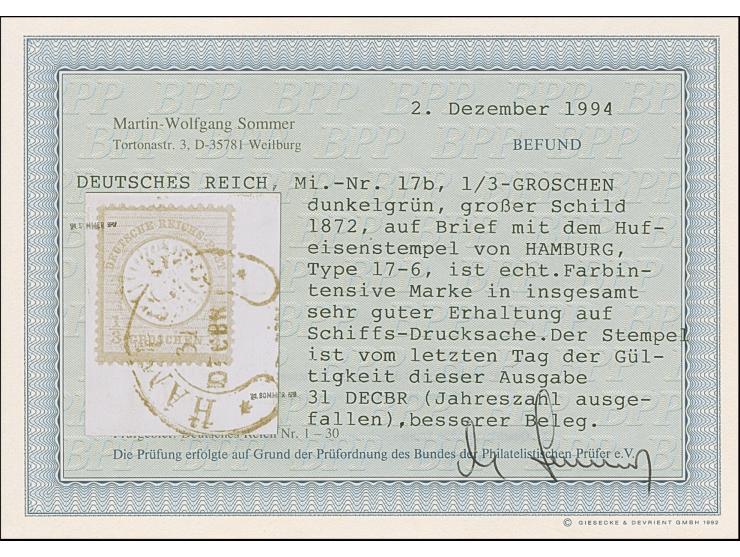 "HAMBURG** 31.DECBR.(74) (Spalink 17-6) ohne Jahreszah (nur von diesem Tag bekannt)l klar auf großer Schild ⅓ Gr. grausmaragd