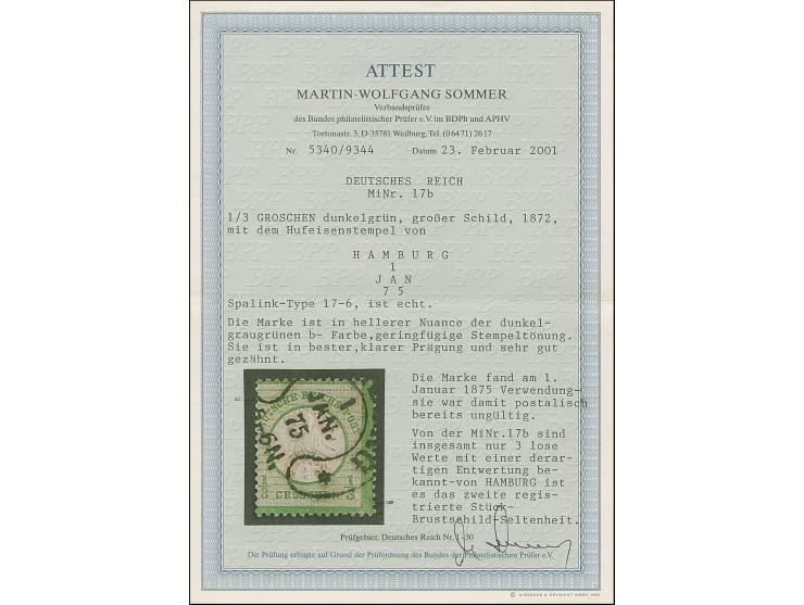 “HAMBURG** 1.JAN.75” (Spalink 17-6) sehr klar auf loser Marke großer Schild ⅓ Gr, dunkelgraugrün. Die farbfrische Marke ist g