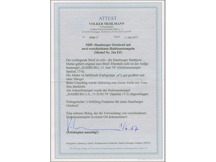 “HAMBURG** 13.JUNI.74” (Spalink 17-6) klar auf Norddeutscher Postbezirk Stadtpostmarke (½ Sch.) gezähnt auf Ortsbrief “Die Ve