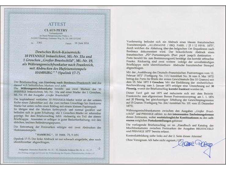 “HAMBURG** 10.FEBR.75” (Spalink 17-7) unterschiedlich klar auf großer Schild 1 Gr. karmin und zwei Einzelmarken 10 Pfge bräun