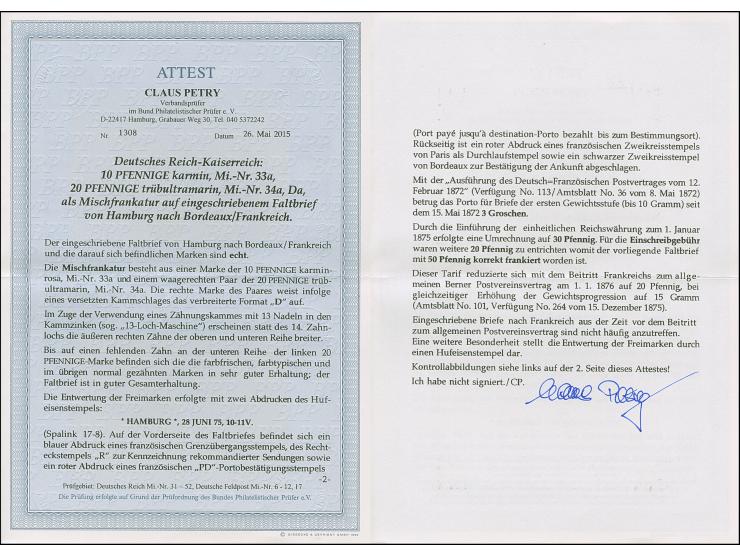 “HAMBURG** 28.JUNI.75” (Spalink 17-8) mehrfach klar auf 10 Pfge karmin und mit waagerechtem Paar 20 Pfge trübultramarin (rech