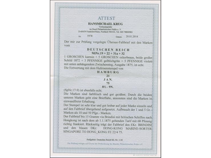 “HAMBURG 21.JAN.75” (Spalink 17-9) mehrfach klar auf großer Schild 1 und 5 Gr. sowie 3 Pfge gelblichgrün und 5 Pfge violett a