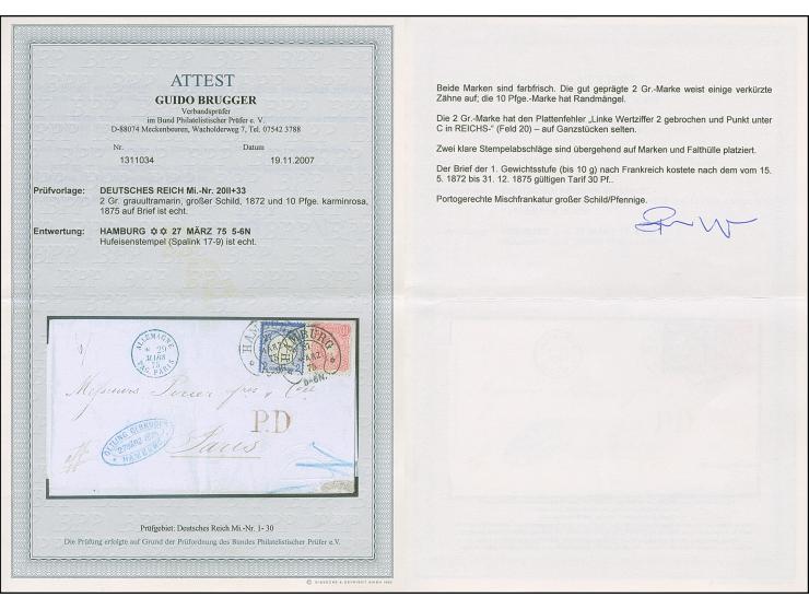 “HAMBURG 27.MÄRZ.75” (Spalink 17-9) zweimal klar auf kleiner Schild 2 Gr. grauultramarin mit Plattenfehler “linke Wertziffer 