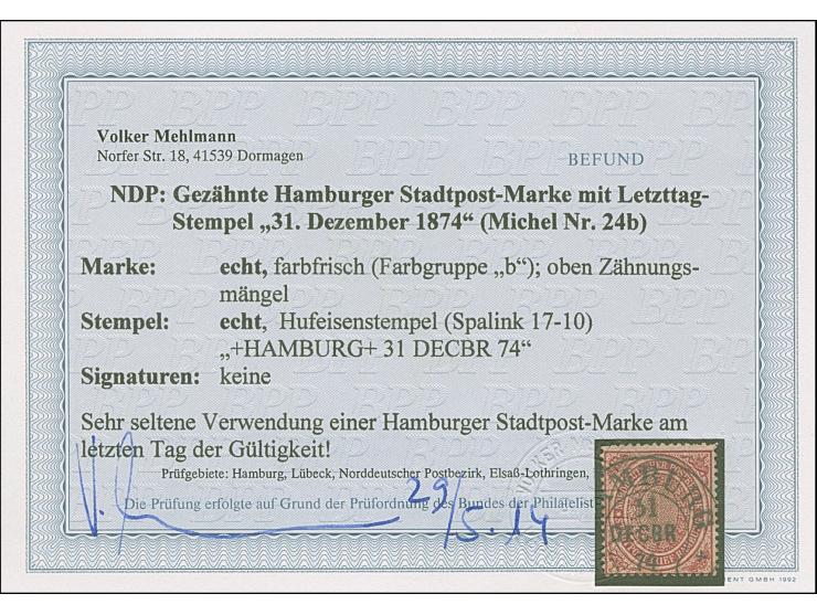 “HAMBURG** 31.DECBR.74” (Spalink 17-10) klar auf loser Marke Norddeutscher Postbezirk Stadtpostmarke (½ Sch.) gezähnt. Die fa