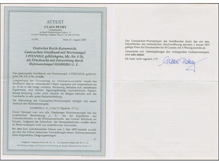 “HAMBURG-L.E. 2.MAI.75” (Spalink 17-11) ohne Zeitgruppenriegel klar auf Ganzsachenstreifband 3 Pfge. nach Glogau. Das Streifb