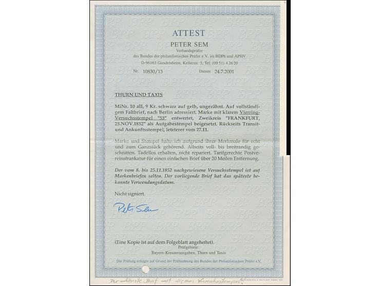 "53", der Versuchsstempel von Frankfurt am Main, sauber und gut lesbar abgeschlagen auf 9 Kr. auf gelb, farbfrisch und voll- 