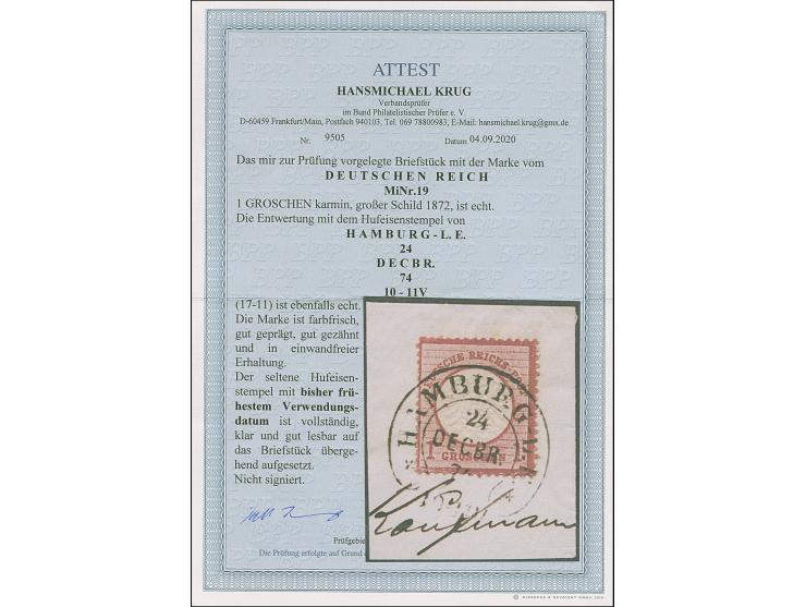 “HAMBURG-L.E. 24.DECBR.74” (Spalink 17-11) komplett und sehr klar auf großer Schild 1 Gr. karmin auf Briefstück. Die farbfris