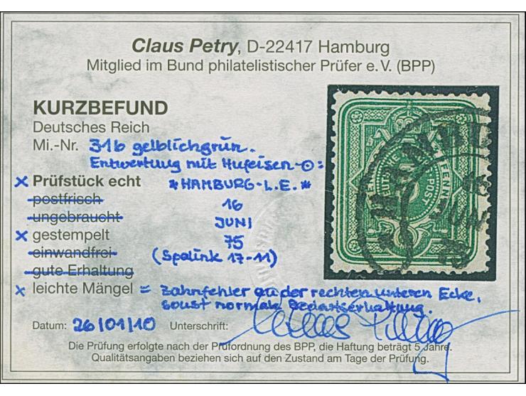 “HAMBURG-L.E. 16.JUN.75” (Spalink 17-11) klar auf loser 3 Pfge gelblichgrün. Die farbfrische Marke hat einen Eckzahnfehler, a