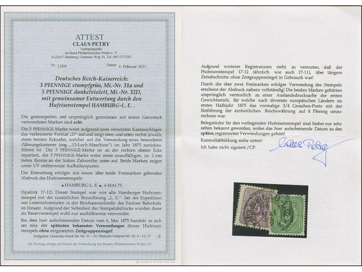 “HAMBURG-L.E. 6.MAI.75” (Spalink 17-12) ohne Zeitgruppenriegel recht klar übergehend auf losen Marken 3 Pfge stumpfgrün und 5