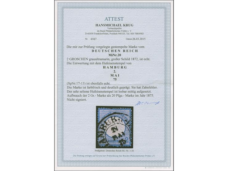 “HAMBURG-L.E. 21.MAI.75” (Spalink 17-13) ohne Zeitgruppenriegel klar auf loser Marke großer Schild 2 Gr. grauultramarin. Die 