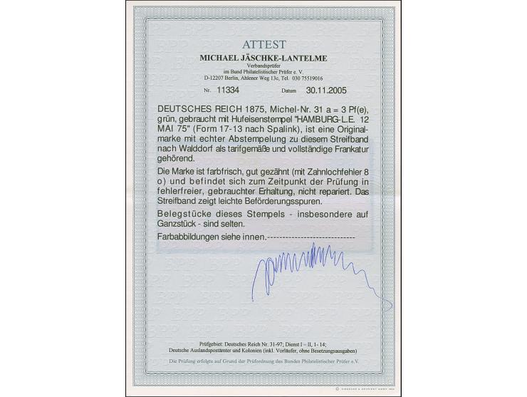 “HAMBURG-L.E. 12.MAI.75” (Spalink 17-13) ohne Zeitgruppenriegel klar auf 3 Pfge grün auf Drucksachen-Streifband nach Walddorf