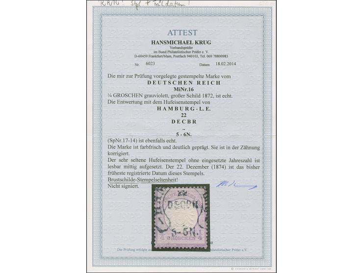 “HAMBURG-L.E.22.DECBR (74)” (Spalink 17-14) ohne Jahreszahl klar auf loser Marke großer Schild ¼ Gr. grauviolett. Die farbfri