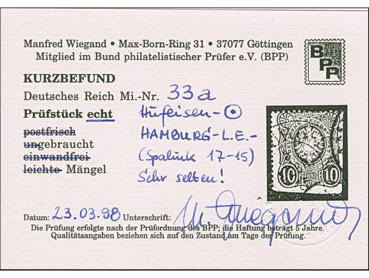 “HAMBURG-L.E. 5.FEBR.75” (Spalink 17-15) recht klar auf loser Marke 10 Pfge lilarot. Die farbfrische Marke ist an zwei Seiten