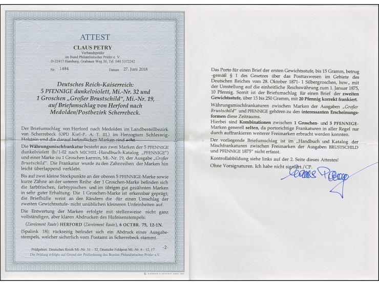 “HERFORD 6.OCTBR.75” (Spalink 18) mehrfach klar auf großer Schild 1 Gr. karmin und zwei Einzelwerte 5 Pfge violett als tarifg