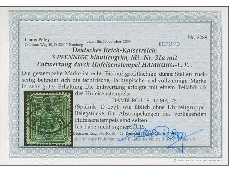 “HAMBURG-L.E. 17.MAI.75” (Spalink 17-15y) ohne Zeitgruppenriegel klar auf loser Marke 3 Pfge bläulichgrün. Die farbfrische Ma