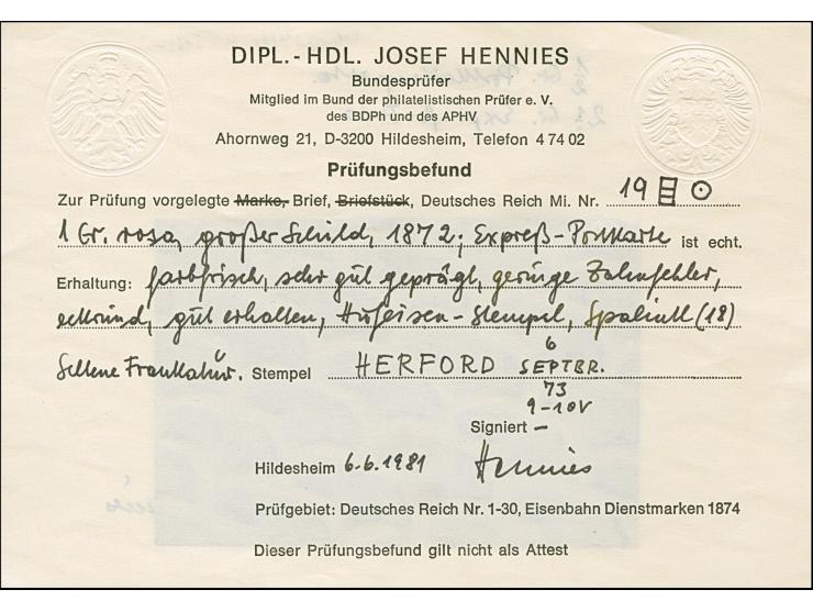 “HERFORD 6.SEPTBR.73” (Spalink 18) mehrfach klar auf senkrechtem Dreierstreifen großer Schild 1 Gr. karmin als tarifgerechte 