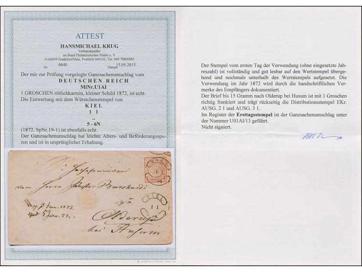 “KIEL 1.1.(72)” (Spalink 19-1)" zweimal klar auf Ganzsachenumschlag kleiner Schild 1 Gr. nach Olderup bei Husum mit Ausgabest