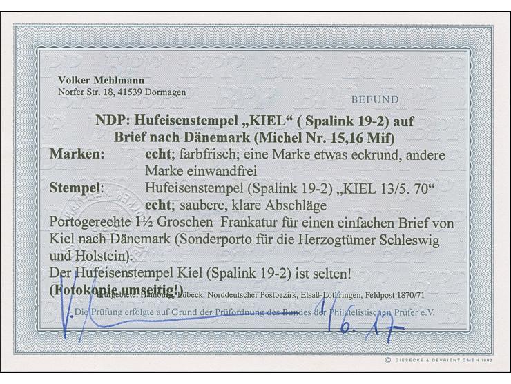 “KIEL 13.5.70” (Spalink 19-2) mehrfach klar auf Norddeutscher Postbezirk ½ Gr. und 1 Gr. gezähnt als tarifgerechte Frankatur 