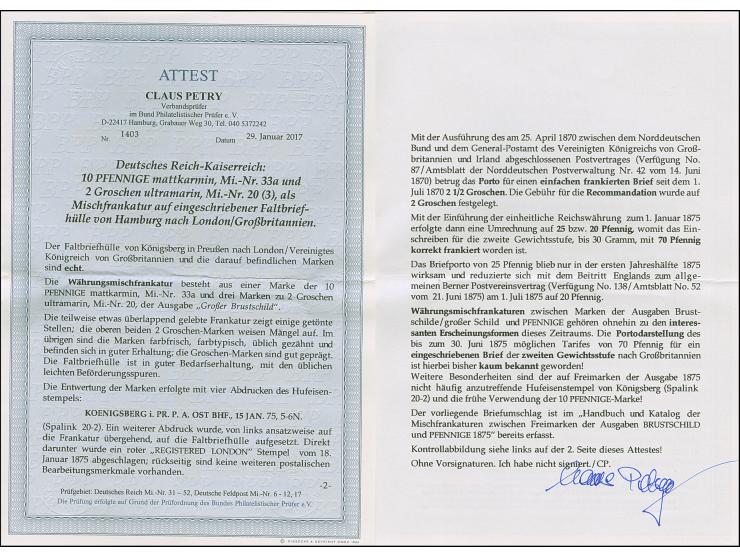 “KÖNIGSBERG i. PR. P.A. OST BHF. 15.JAN.75” (Spalink 20-2) mehrfach klar auf drei Einzelmarken großer Schild 2 Gr. ultramarin